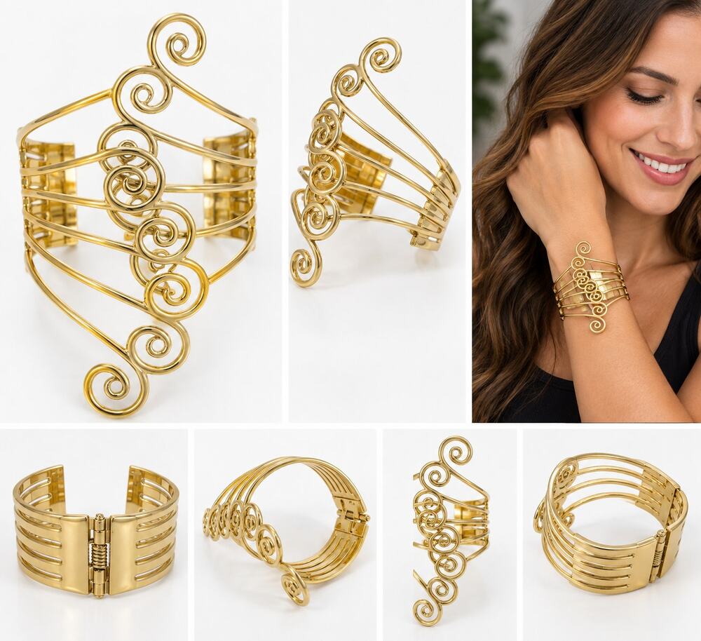 Gold-Tone Statement Cuff Bracelet with Spiral Scroll Design